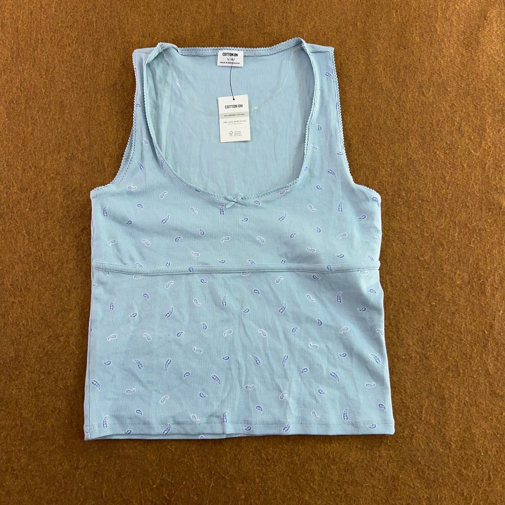 Cotton On Womens Large Blue Paisley Lou Picot Trim Ribbed Tank Top NWT